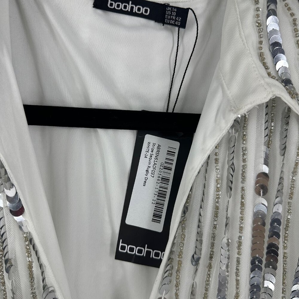 BOOHOO stripe sequin Rugby shiftt dress white and silver UK 14 // US 10  NWT - Picture 6 of 6